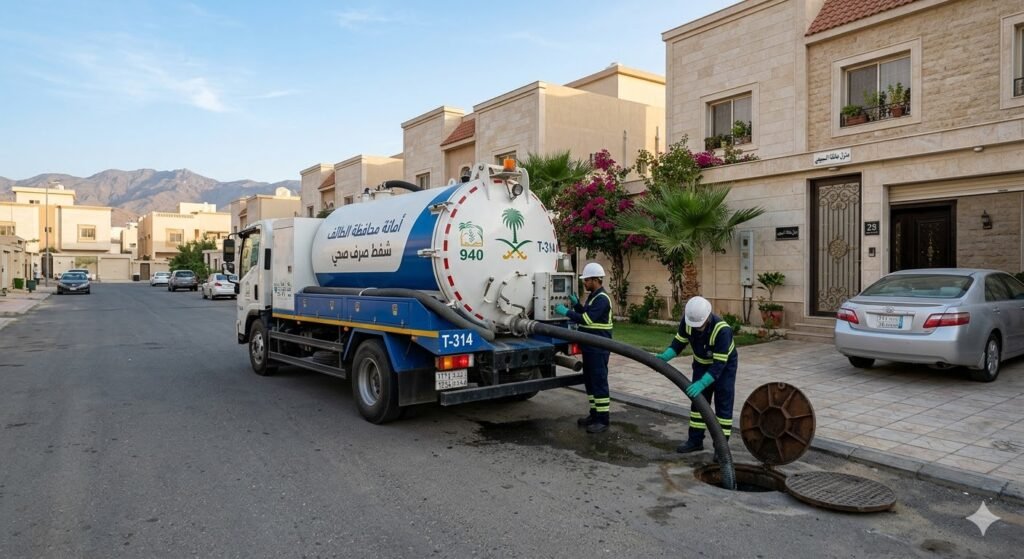 صورة سيارة وايت صرف صحي الطائف تقف أمام منزل سكني لخدمة شفط البيارة